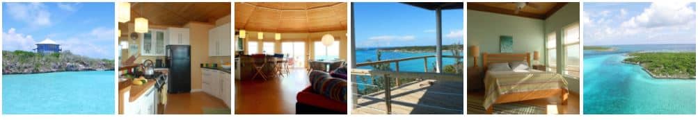 A collage of pictures of a house with a view of the ocean in Staniel Cay, The Bahamas.