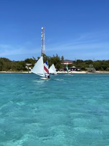 A group of sailboats in the water near Staniel Cay.