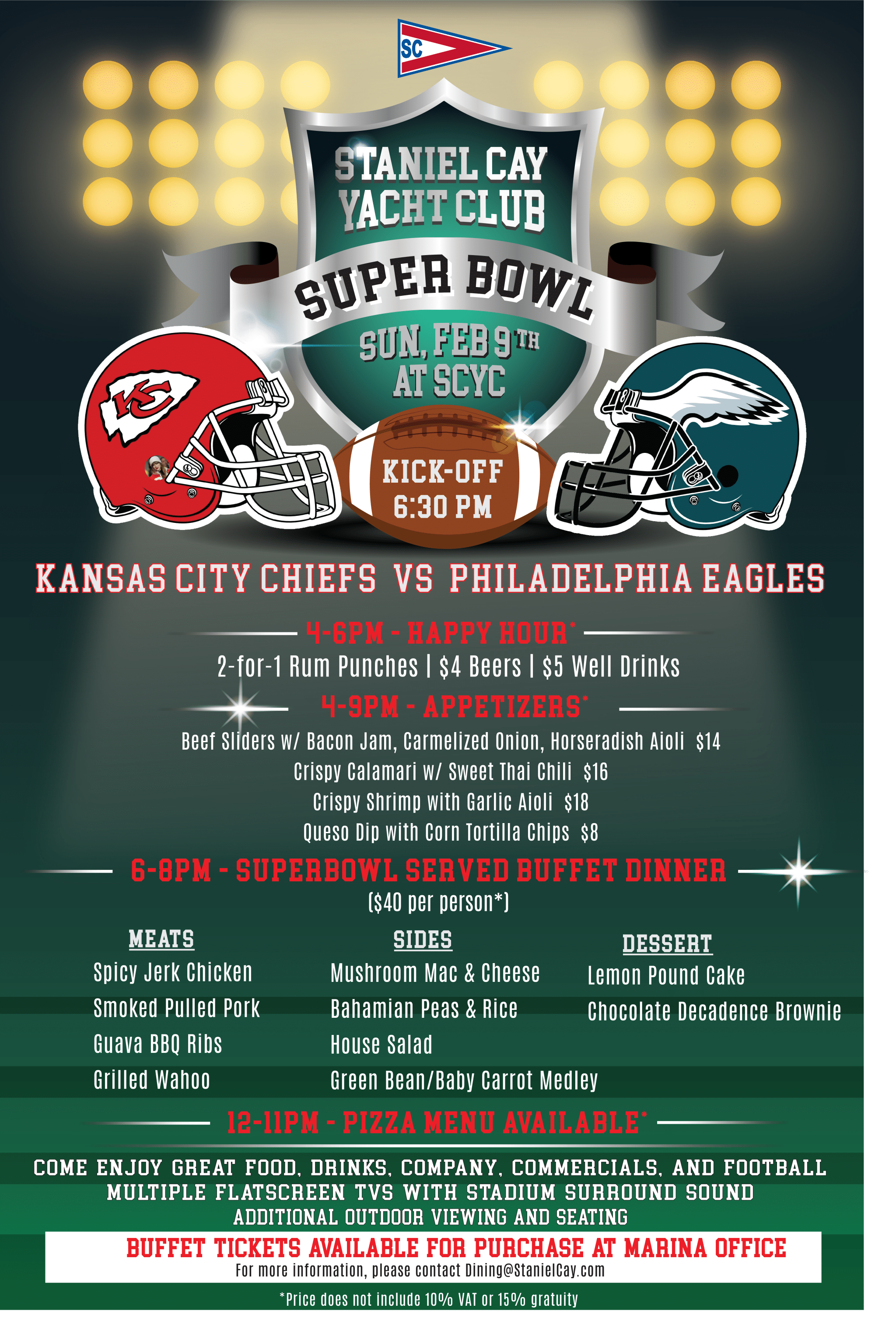 Staniel Cay Yacht Club Join us for the ultimate experience at Staniel Cay Yacht Club's Super Bowl LIX event on Feb 9. Enjoy a schedule packed with happy hour, appetizers, a dinner buffet, and pizza while watching the Kansas City Chiefs take on the Philadelphia Eagles. Don't miss out!. Vacation Rentals and Resort on Staniel Cay Exuma