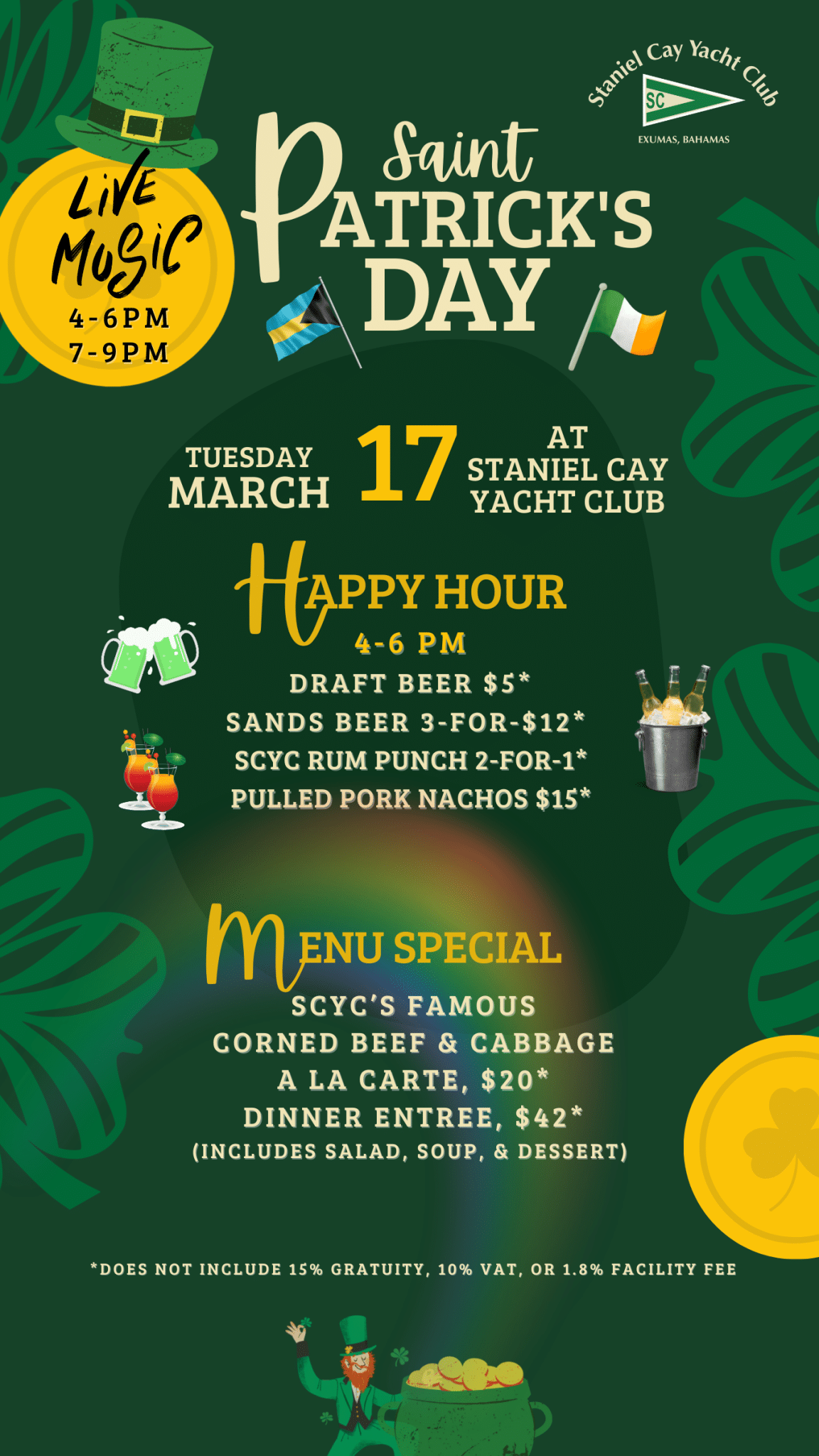 Staniel Cay Yacht Club St. Patrick’s Day event flyer for Staniel Cay Yacht Club, featuring happy hour specials, menu deals, and live music on March 17 with festive green graphics—your perfect Bahamian St. Patrick's Day celebration awaits!. Vacation Rentals and Resort on Staniel Cay Exuma