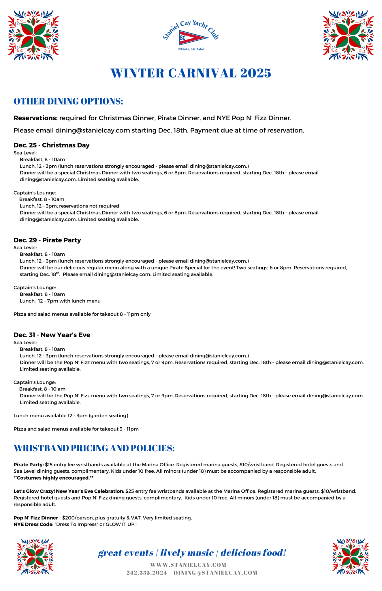 Staniel Cay Yacht Club Flyer for Staniel Cay Yacht Club’s Winter Carnival 2025 outlines dining options, themed Winter Carnival dinners, reservation details, and special events from Dec. 25 to Jan. 1. Vacation Rentals and Resort on Staniel Cay Exuma