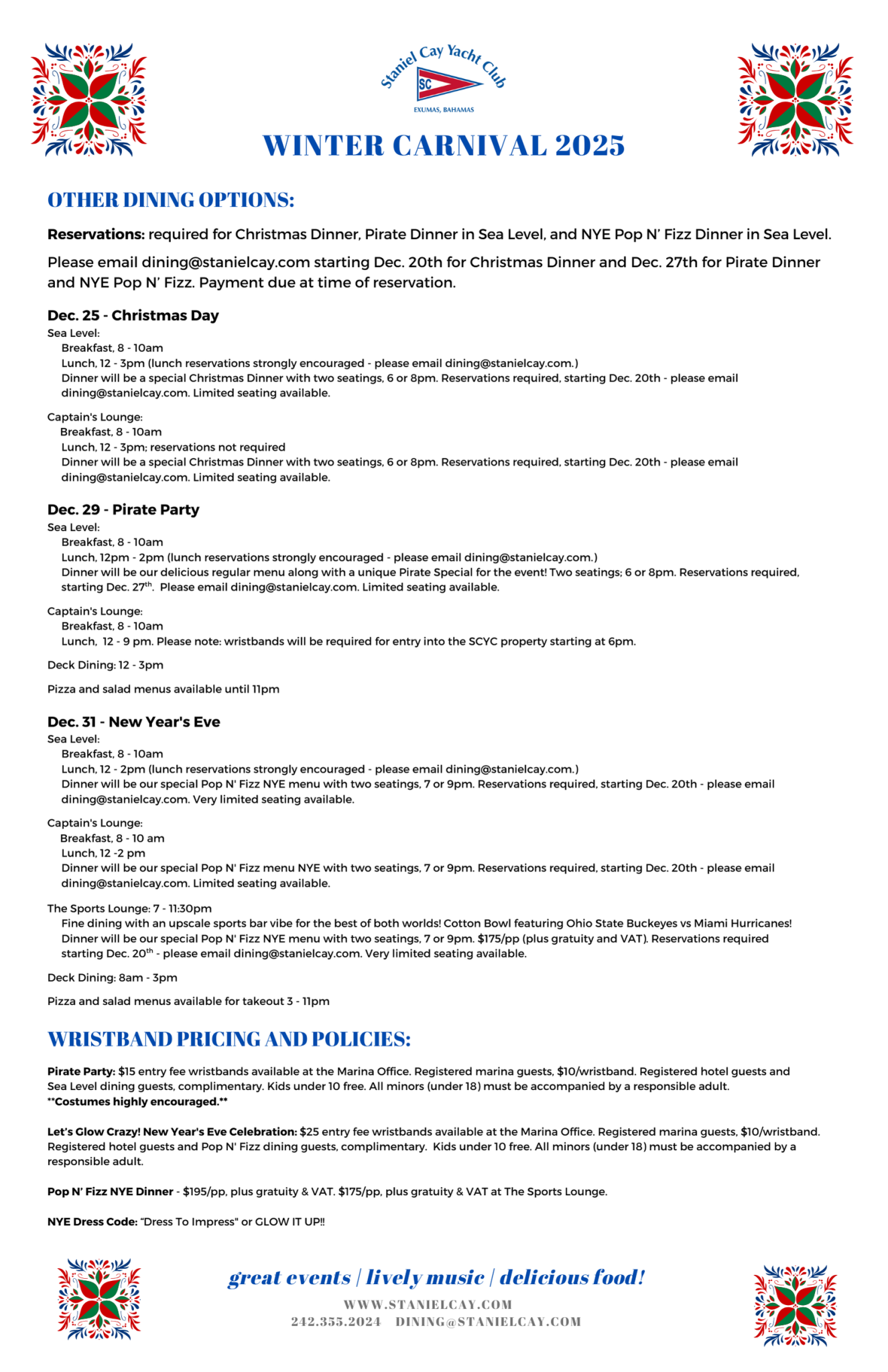 Staniel Cay Yacht Club Winter Carnival 2025 event flyer featuring dining options, party schedules, pricing details, wristband packages, and contact info for Staniel Cay Yacht Club. Join us for an unforgettable Winter Carnival experience!. Vacation Rentals and Resort on Staniel Cay Exuma