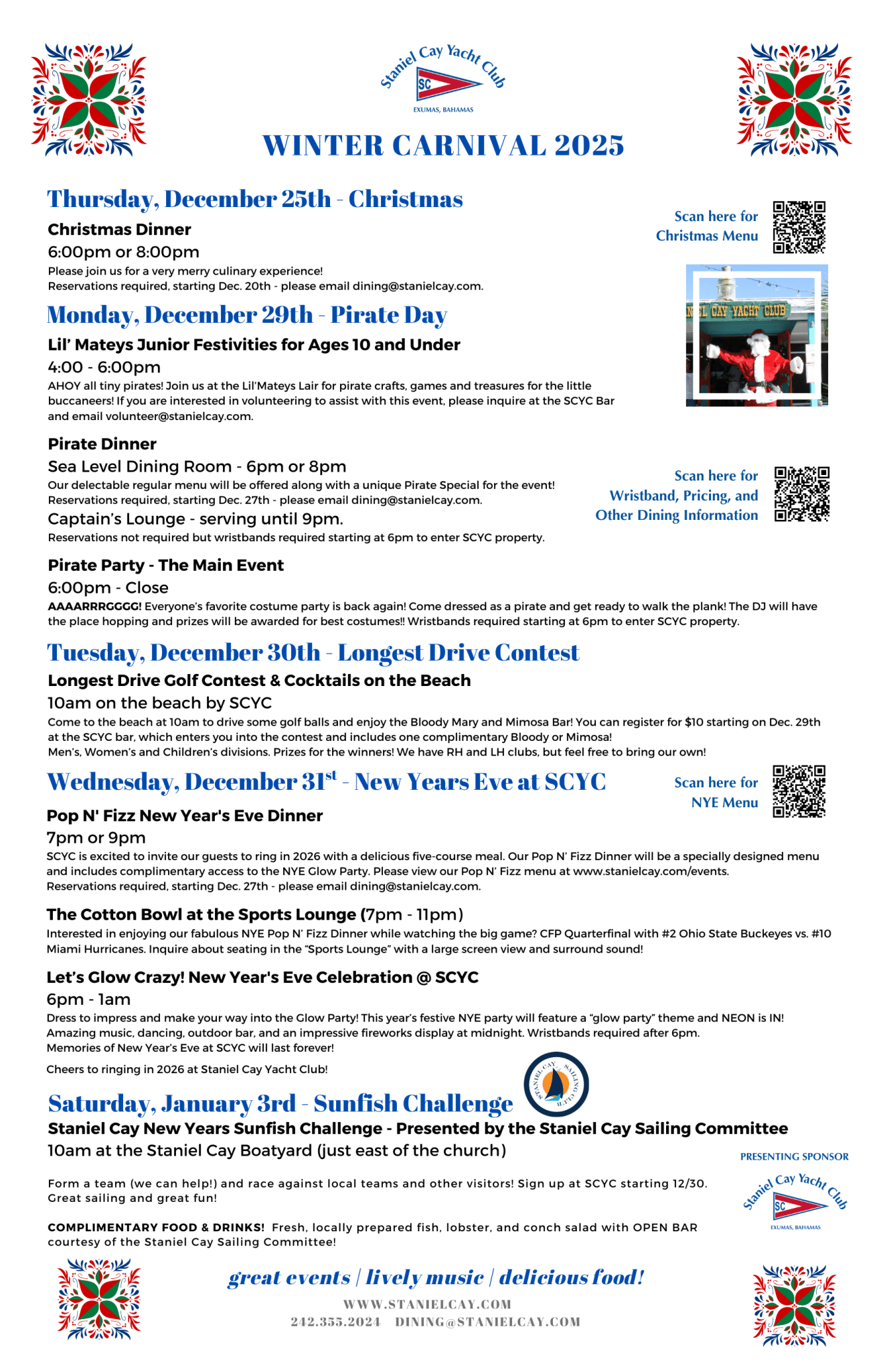 Staniel Cay Yacht Club Event flyer for Staniel Cay Yacht Club's Winter Carnival 2025, featuring activities, dinners, and contests from December 25th to January 3rd, with full event dates, times, and QR codes for all Winter Carnival festivities. Vacation Rentals and Resort on Staniel Cay Exuma
