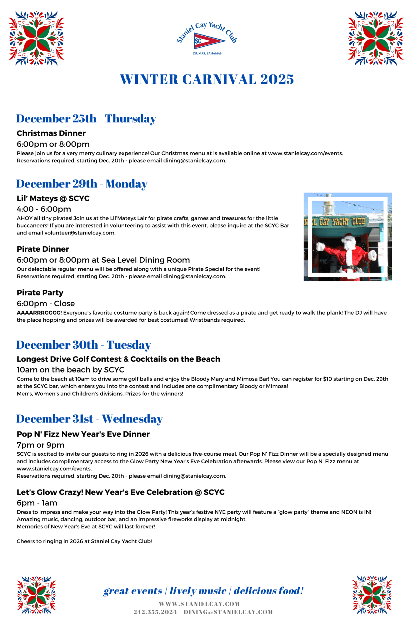 Staniel Cay Yacht Club Event flyer for the Staniel Cay Yacht Club’s Winter Carnival 2025, featuring dates, times, and details for dinners, parties, contests, and activities from December 25 to December 31. Celebrate the festive season at our annual Winter Carnival!. Vacation Rentals and Resort on Staniel Cay Exuma