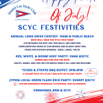 Staniel Cay Yacht Club Festive flyer for Staniel Cay Yacht Club’s 4th of July events in the Bahamas, featuring a golf contest, kids’ party, BBQ buffet, beach dash, and spectacular fireworks schedule. Vacation Rentals and Resort on Staniel Cay Exuma