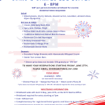 Staniel Cay Yacht Club Fourth of July BBQ buffet event flyer features menu items, pricing, reservation details, and event timing at Staniel Cay Yacht Club in the Bahamas, with patriotic graphics and contact information. Vacation Rentals and Resort on Staniel Cay Exuma