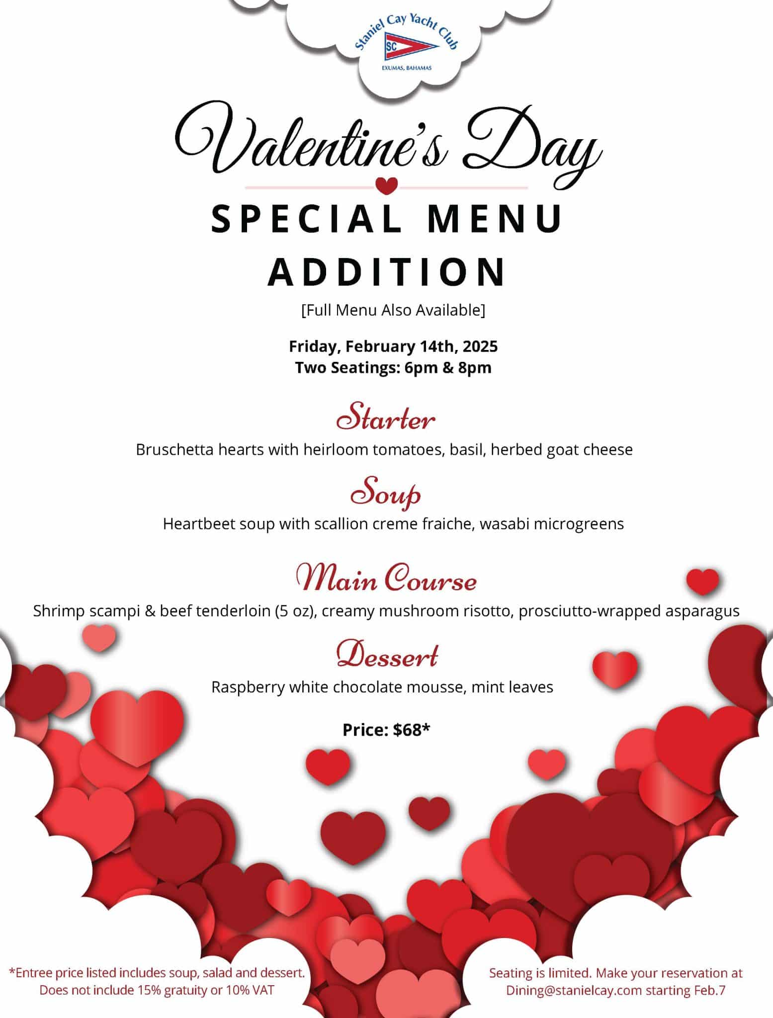 Staniel Cay Yacht Club Valentine's Day dinner menu featuring a starter, soup, main course, and dessert with pricing details. Decorated with red heart graphics. Enjoy romantic seating times at 6pm or 8pm on February 14th, 2025. Vacation Rentals and Resort on Staniel Cay Exuma