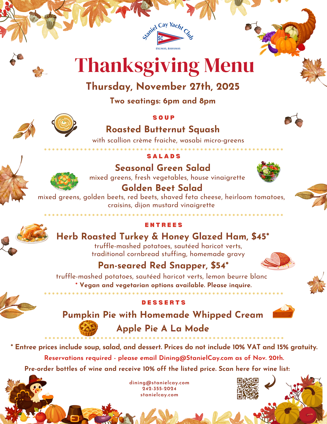Staniel Cay Yacht Club Traditional Thanksgiving menu for Sandals Cay Yacht Club featuring soup, salads, entrees, desserts, pricing, and reservation details on a festive autumn-themed background—perfect for your Thanksgiving Dinner celebration. Vacation Rentals and Resort on Staniel Cay Exuma