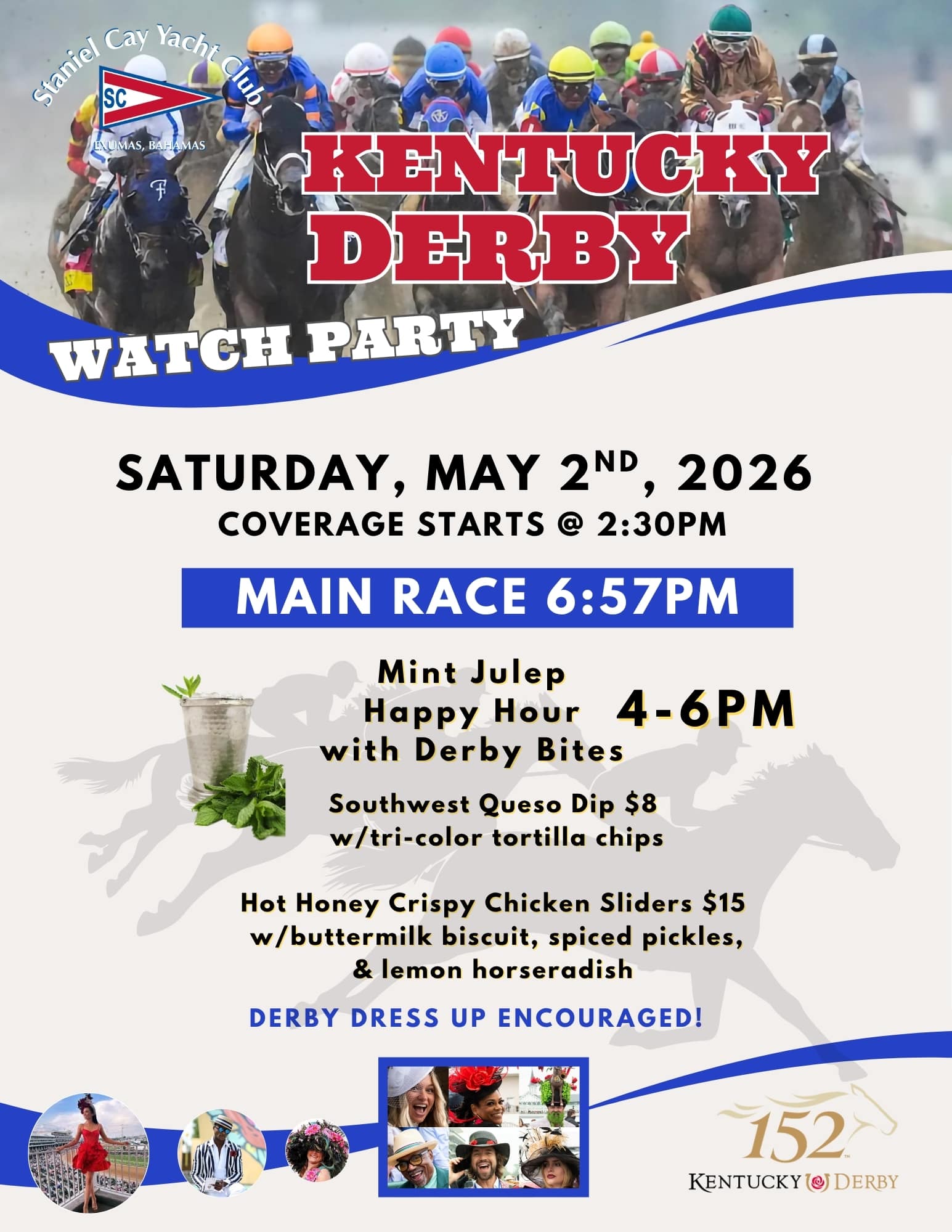 Staniel Cay Yacht Club Flyer for a Kentucky Derby watch party at Staniel Cay Yacht Club on May 2, 2026, featuring food specials, race times, a derby dress code, and an image of horses racing. Vacation Rentals and Resort on Staniel Cay Exuma