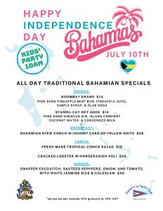 Staniel Cay Yacht Club Colorful flyer advertising a Bahamas Independence Day celebration with kids’ party, traditional Bahamian food specials, drinks, and prices listed for July 10th. Vacation Rentals and Resort on Staniel Cay Exuma