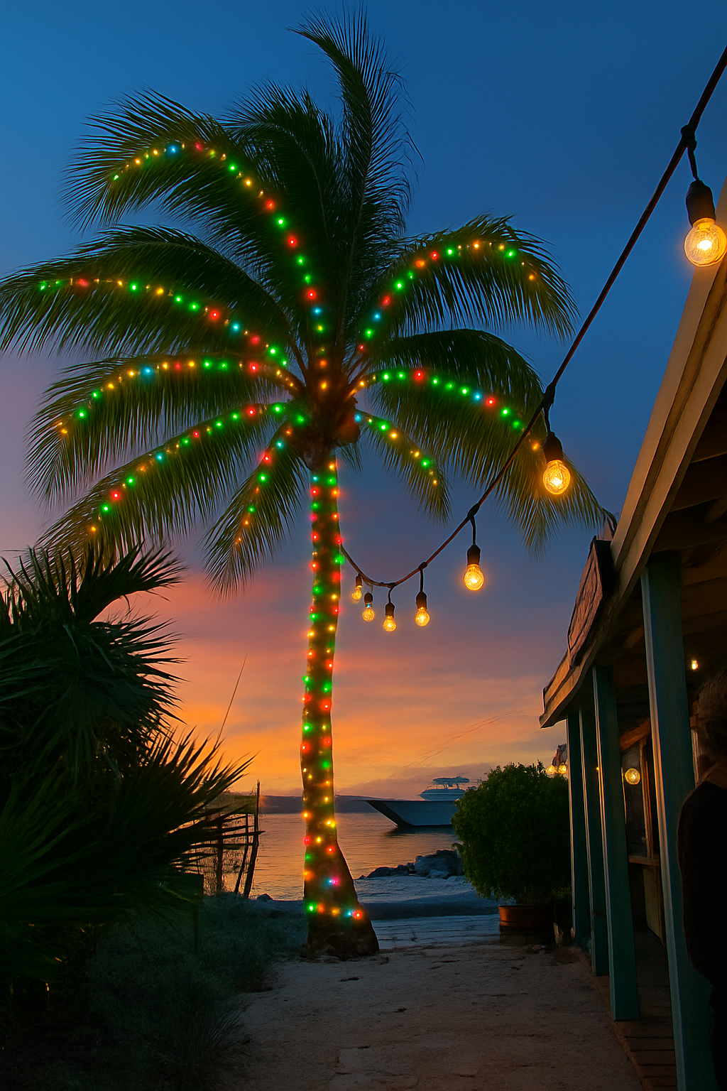 Staniel Cay Yacht Club A palm tree decorated with colorful lights stands by a beach at sunset, near a building with string lights and a calm ocean in the background—creating the perfect scene to relax and enjoy exclusive offers. Vacation Rentals and Resort on Staniel Cay Exuma