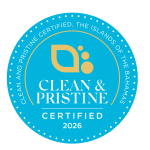 Staniel Cay Yacht Club Round blue badge with gold and white text reading "Clean & Pristine Certified, The Islands of The Bahamas, Certified 2026" and a stylized leaf and bubbles logo. Vacation Rentals and Resort on Staniel Cay Exuma