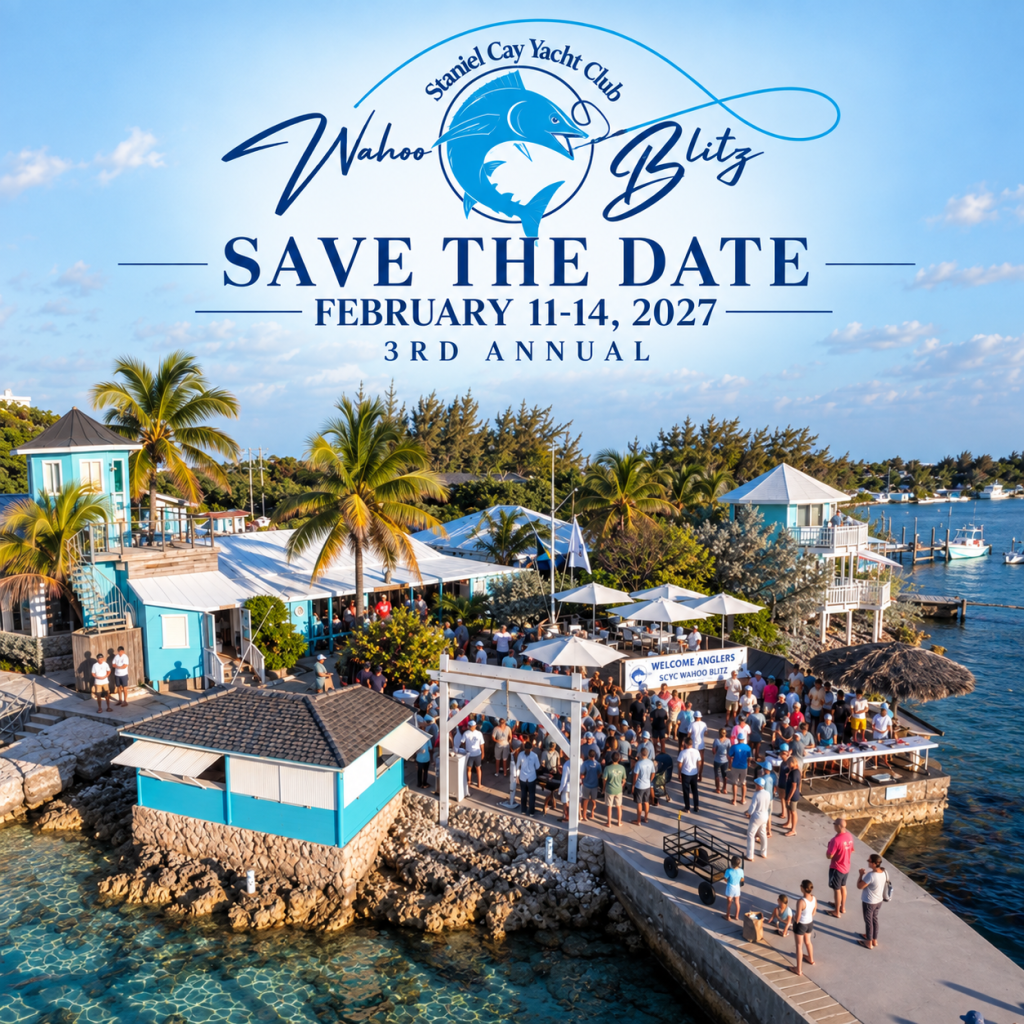 Staniel Cay Yacht Club A crowd gathers on a dock and near waterfront buildings for the SCYC Wahoo Tournament, known as the Sanibel Cay Yacht Club Wahoo Blitz, February 11-14, 2027, as shown in a “Save the Date” announcement. Vacation Rentals and Resort on Staniel Cay Exuma